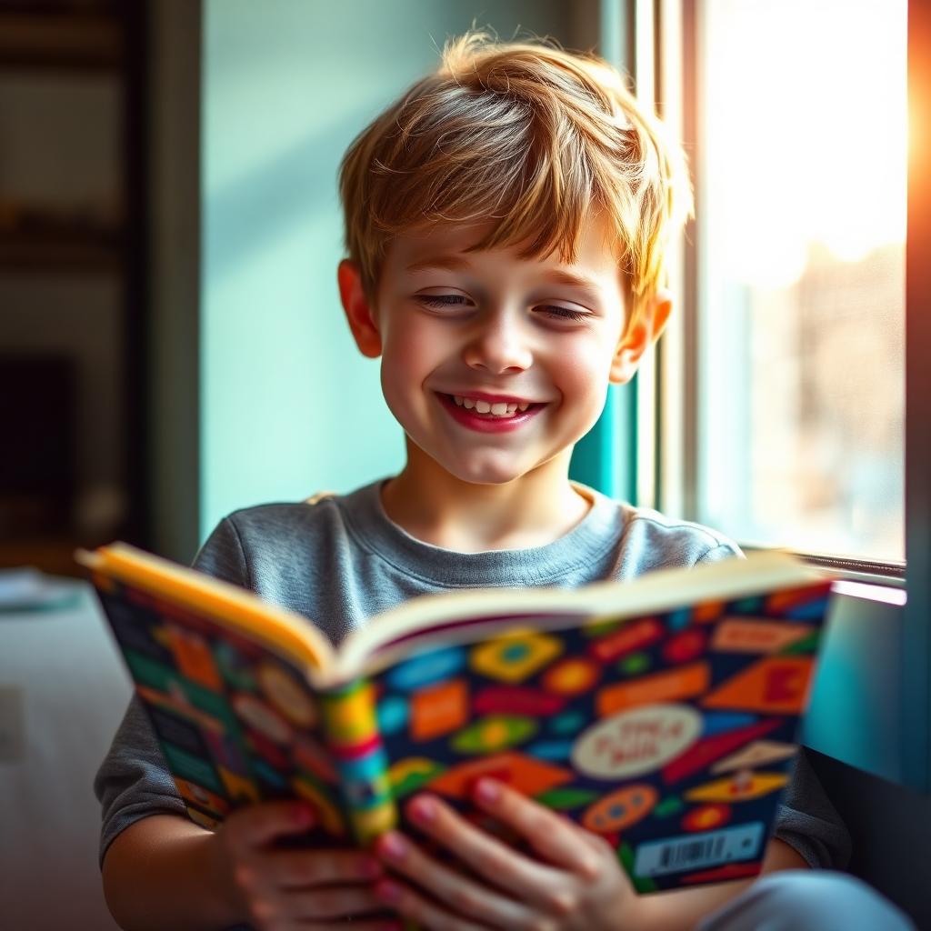 Happy white boy with light brown hair reading a colorful book by a sunlit window