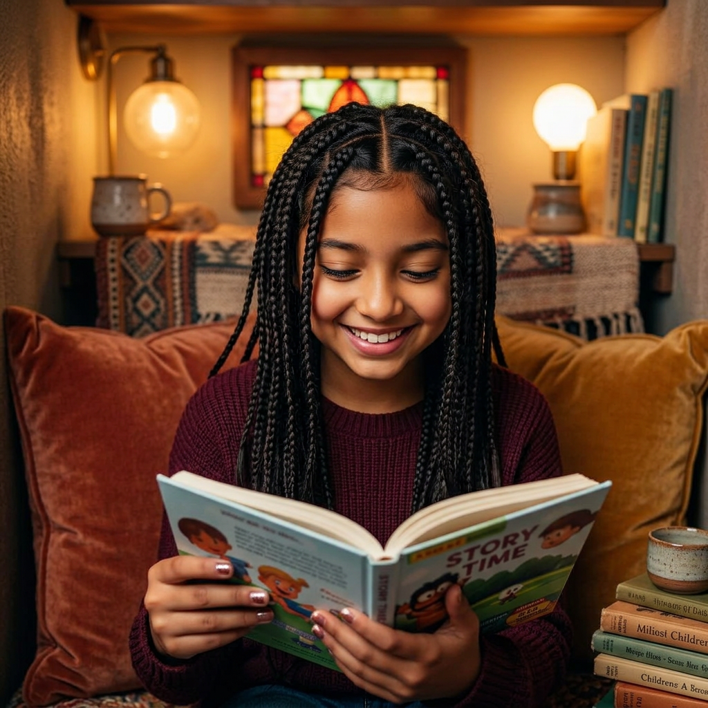 Smiling Hispanic girl with braided hair reading a picture book in a cozy reading nook