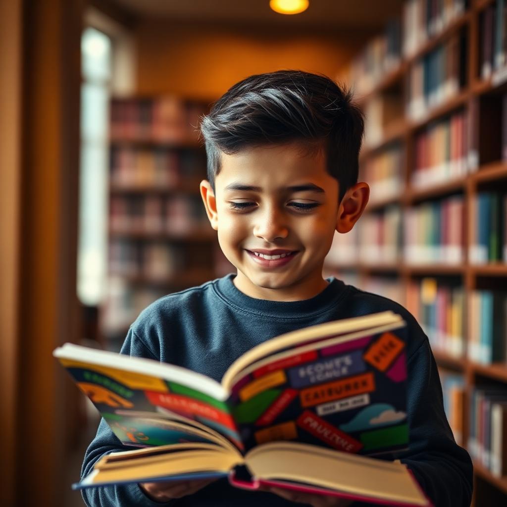 Latino boy reading a colorful book in a warm library