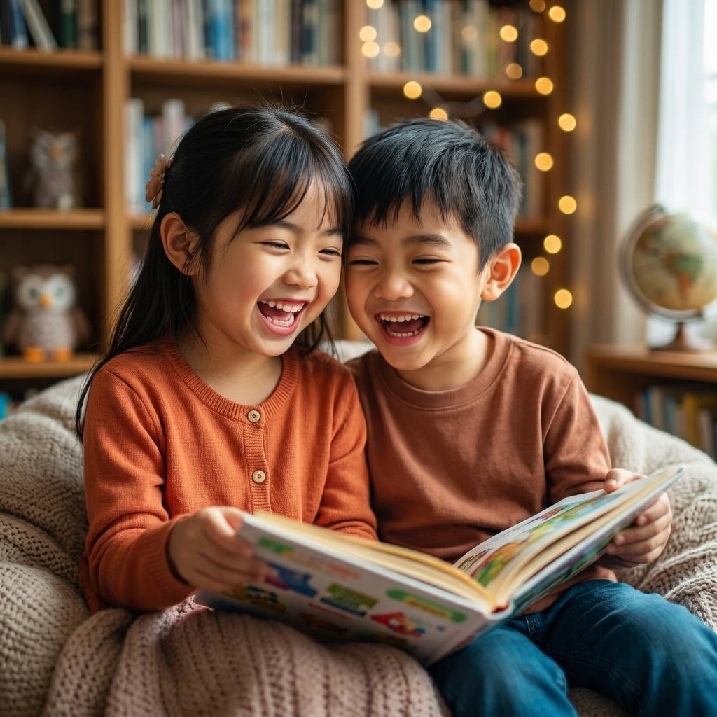 Asian girl and Asian boy laughing together over a picture book in a cozy library