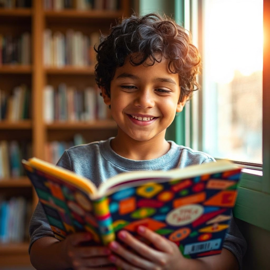 Happy Hispanic boy reading a colorful book in a warm library