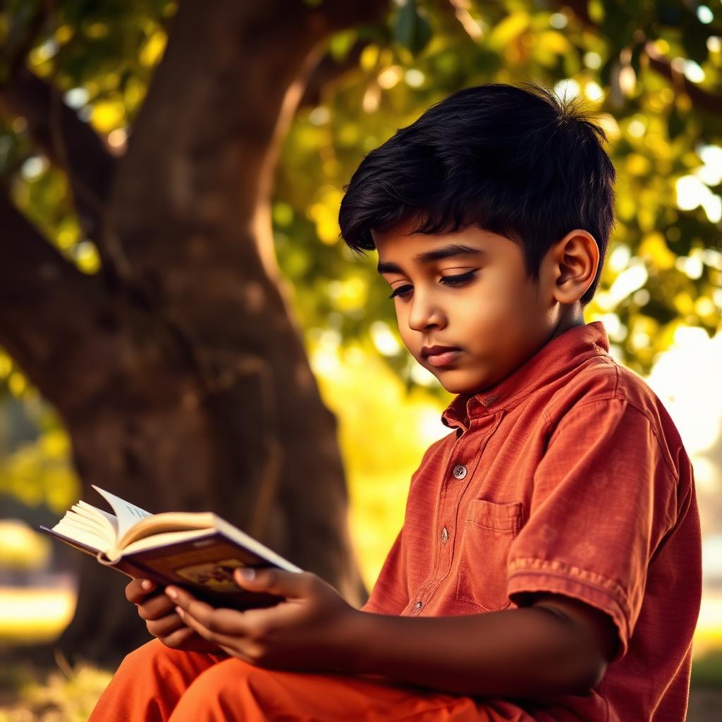 South Asian boy reading a book under a tree in golden light