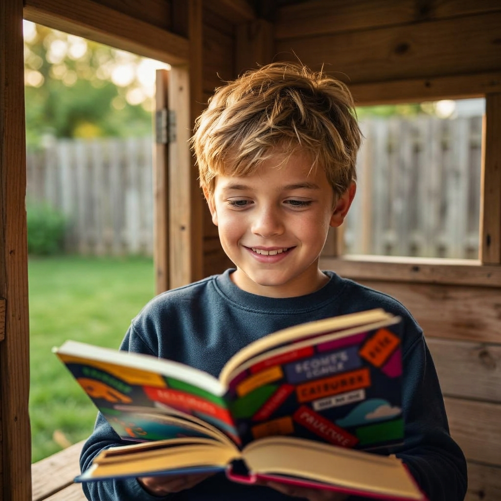 White boy reading a colorful book in a suburban backyard treehouse