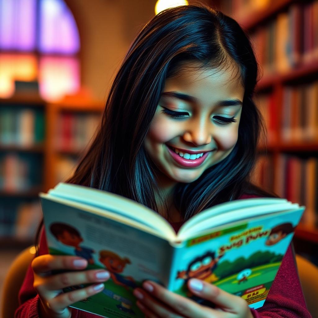 Smiling Mexican girl reading a picture book in a cozy library