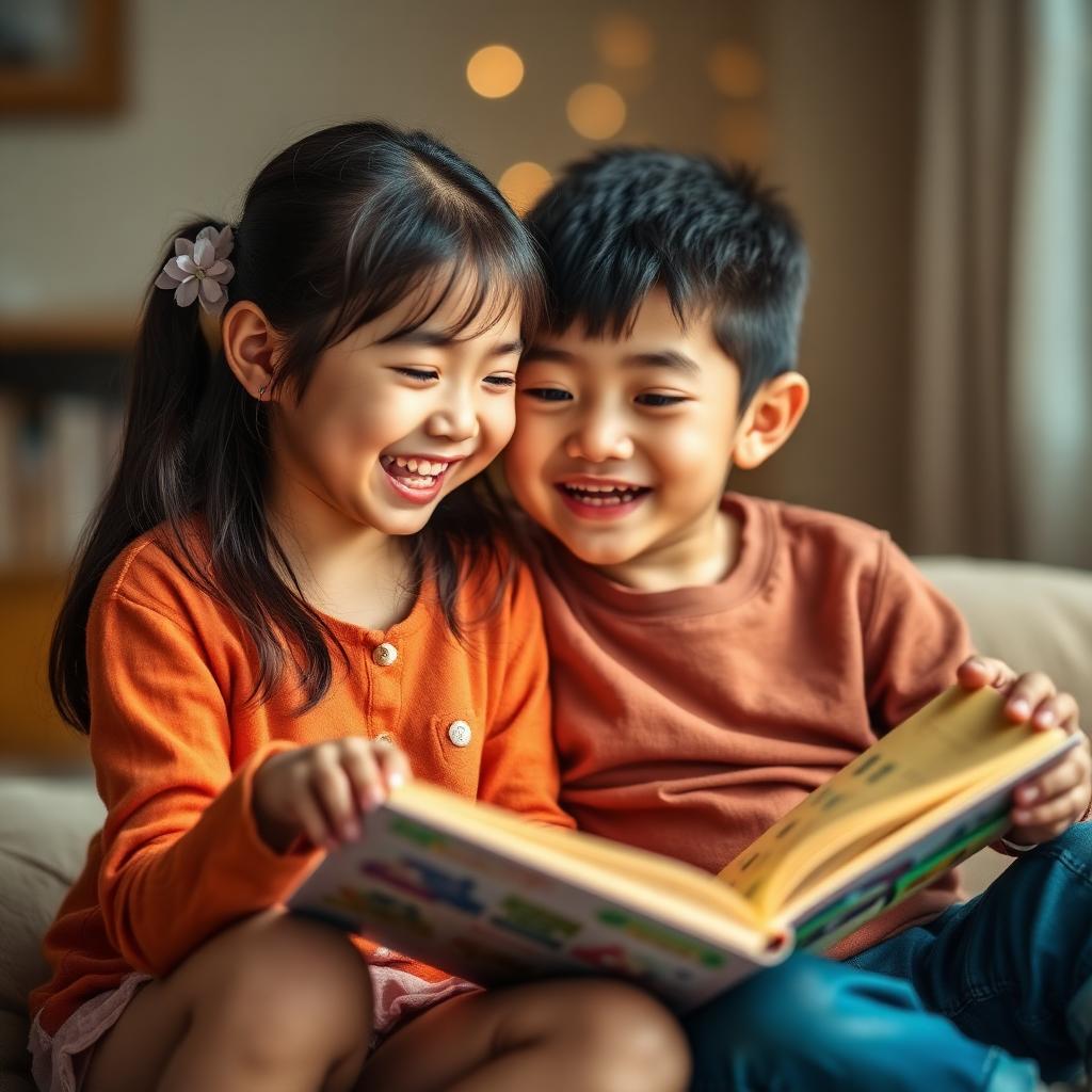 Asian girl and white boy laughing together over a picture book
