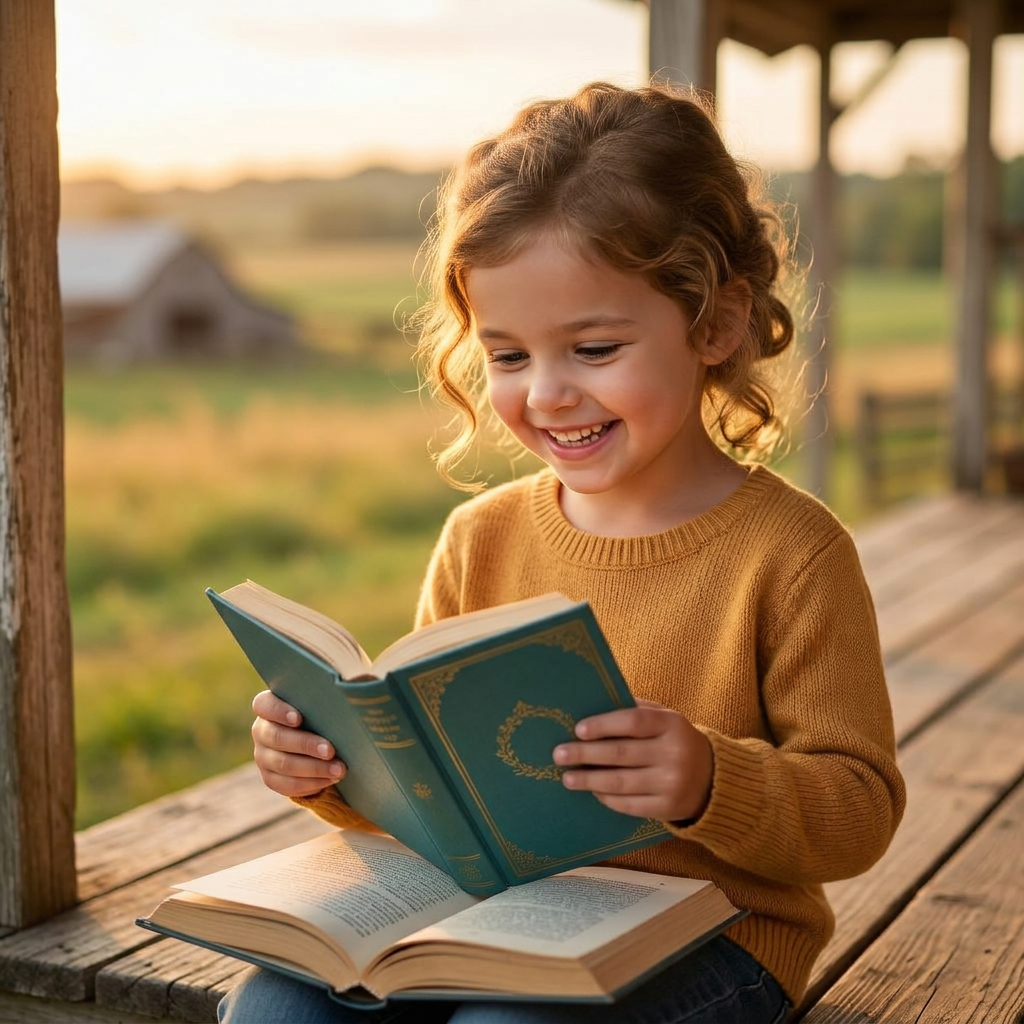 Joyful white girl reading a book on a rural farmhouse porch at golden hour