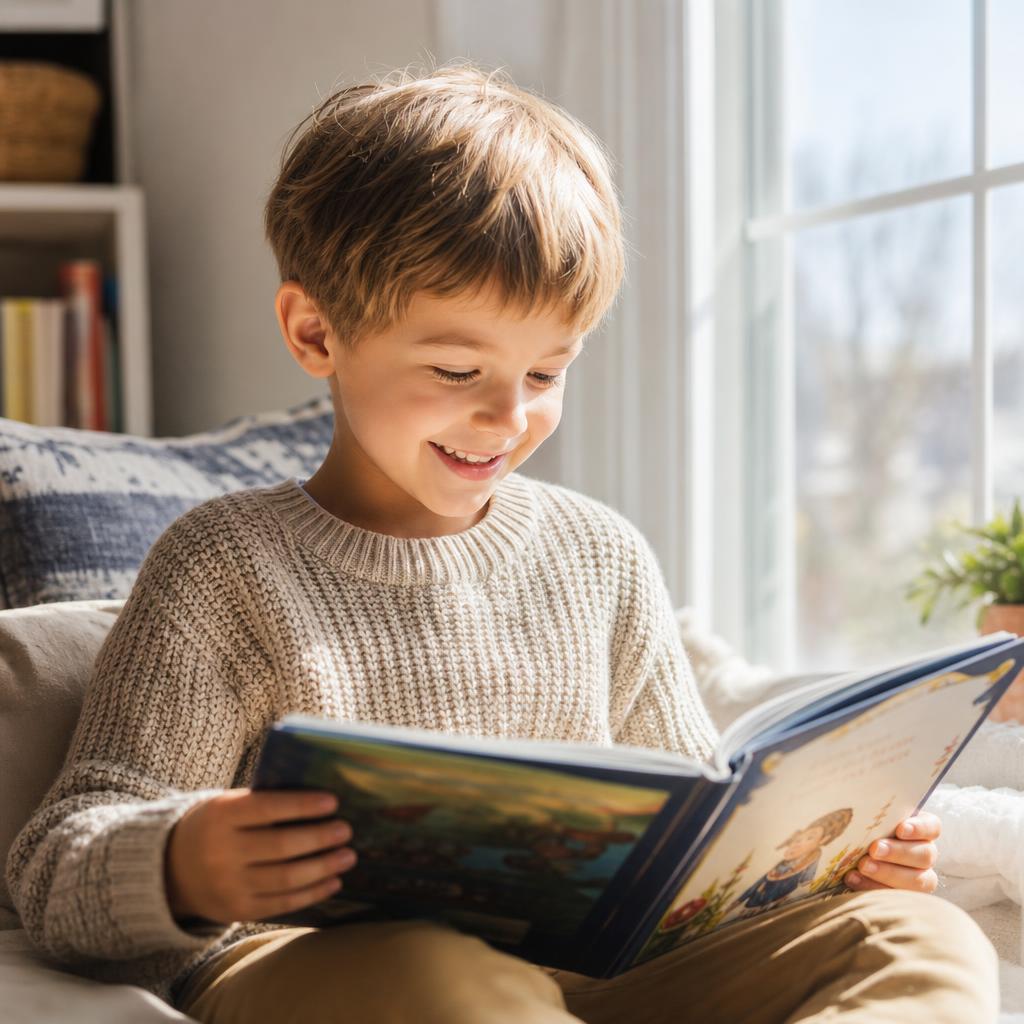 Smiling white boy reading a book by a sunlit window